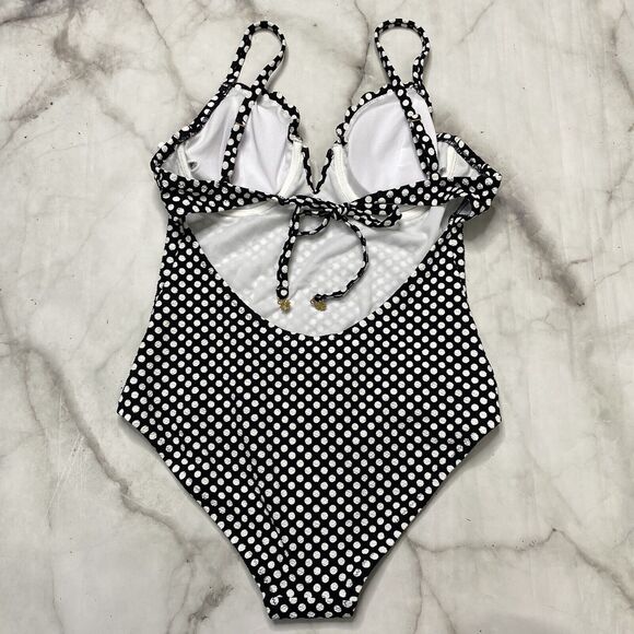 Jessica Simpson Scalloped Edge V-Wire One-Piece L Large Black White Dot New - Picture 5 of 7